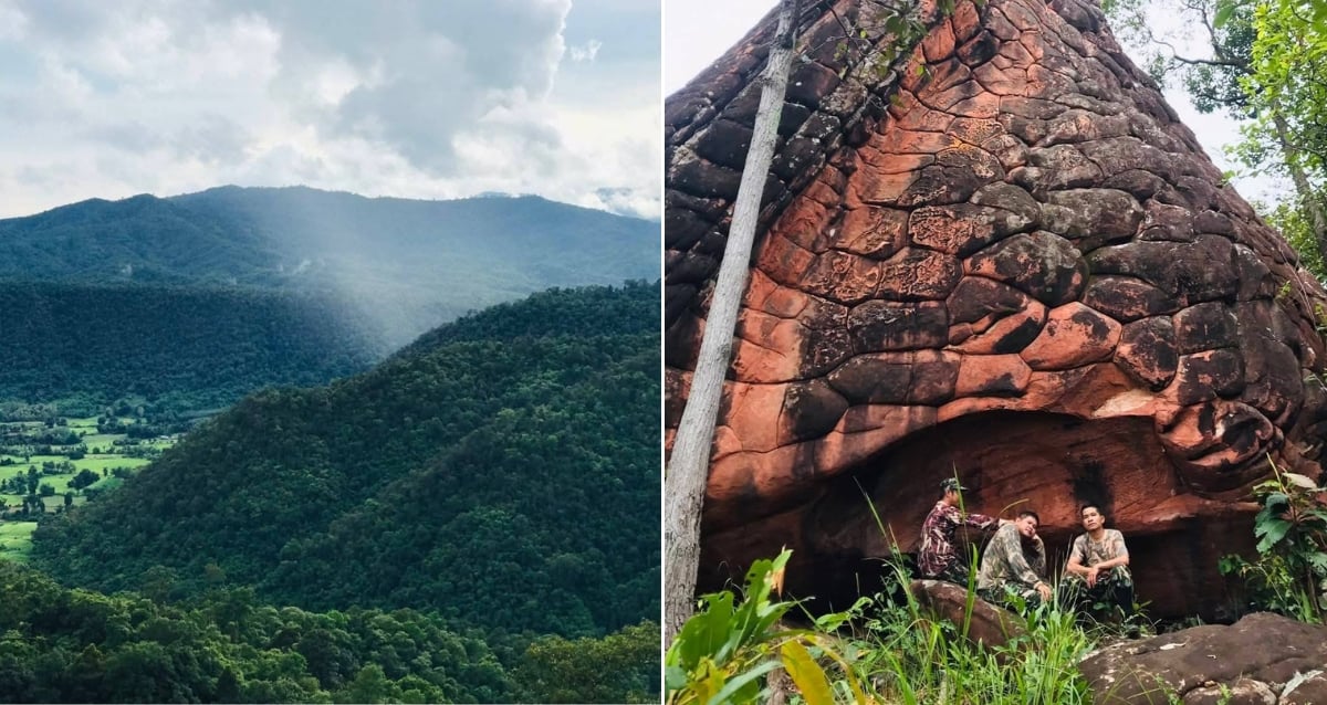 Caverna da montanha cheia de arte rupestre antiga encontrada na Tailândia
